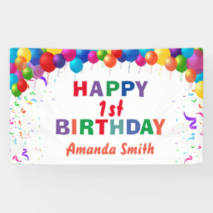 Happy 1st Birthday Colorful Balloons White Banner
