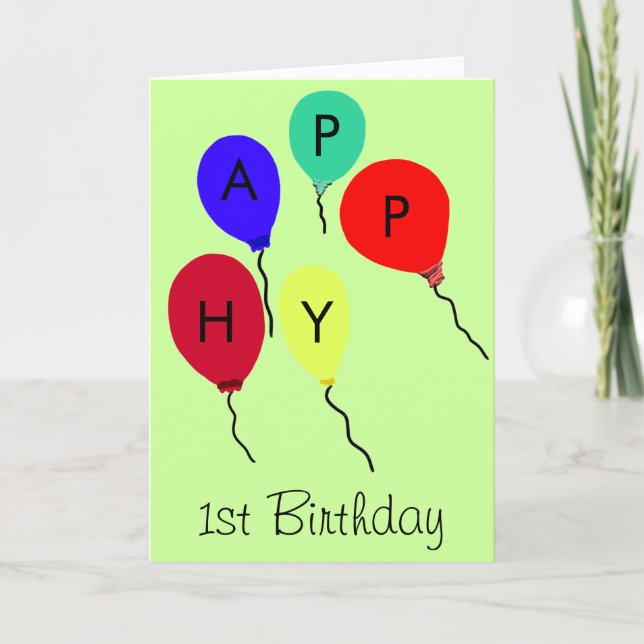 Happy 1st Birthday Colorful Flying Balloons Card (Front)