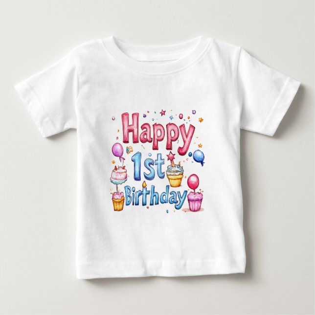 Happy 1st Birthday – Colorful Illustration Design  Baby T-Shirt (Front)