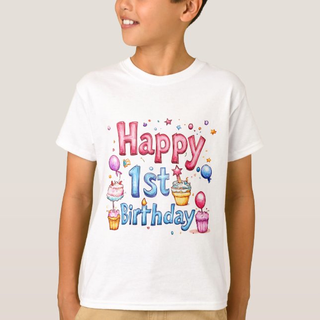 Happy 1st Birthday – Colorful Illustration Design  T-Shirt (Front)