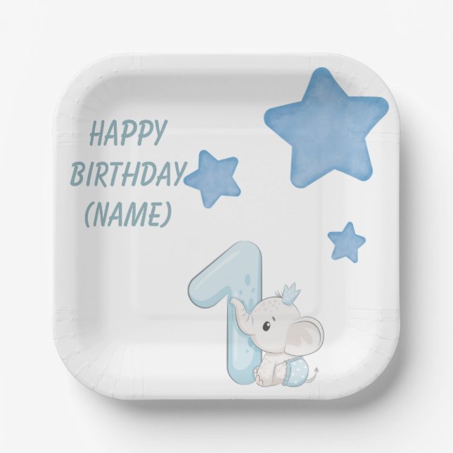 Happy 1st Birthday (Customizable text & Name) Paper Plates (Front)