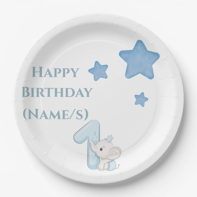 Happy 1st Birthday (Customizable text & Name) Paper Plates (Front)