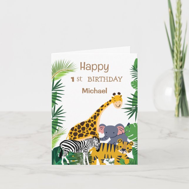 Happy 1st birthday cute baby animals safari jungle note card (Front)