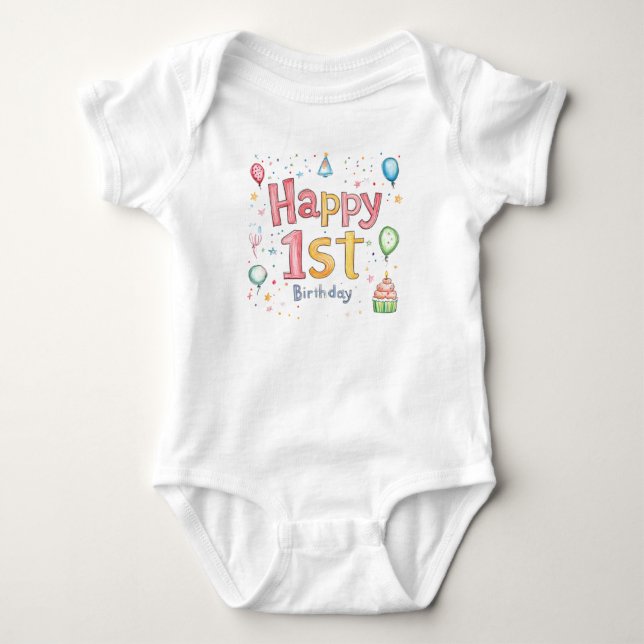 Happy 1st Birthday – Cute Birthday Card with pink  Baby Bodysuit (Front)
