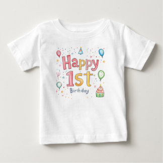 Happy 1st Birthday – Cute Birthday Card with pink  Baby T-Shirt