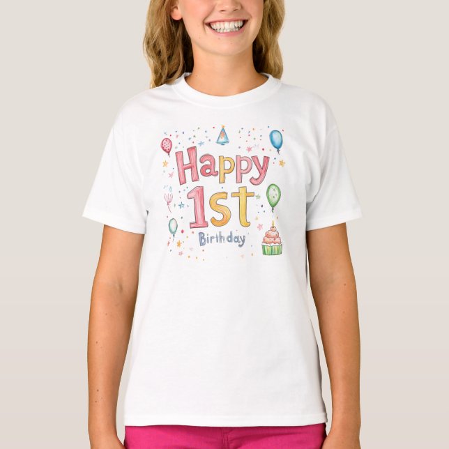 Happy 1st Birthday – Cute Birthday Card with pink  T-Shirt (Front)
