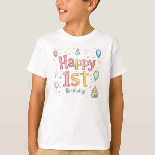 Happy 1st Birthday – Cute Birthday Card with pink  T-Shirt
