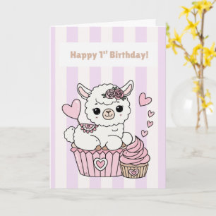 Happy 1st Birthday Cute Llama Girl Card Adorable