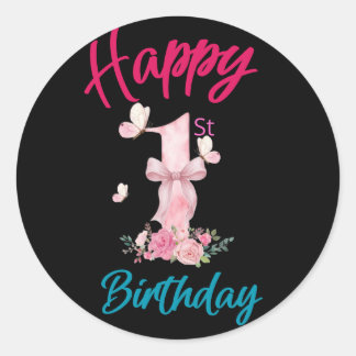 Happy 1st Birthday Cute Pink Butterfly Bow Round S Classic Round Sticker