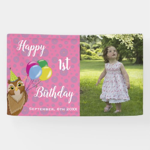 Happy 1st Birthday Cute Pink Owl Balloons Banner