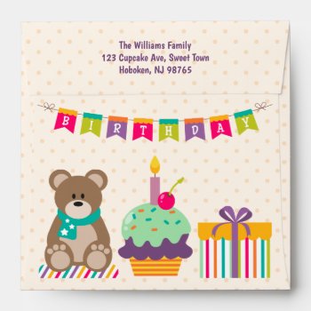 Happy 1st Birthday Cute Teddy Bear Cupcake Bunting Envelope by BCMonogramMe at Zazzle