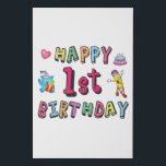 Happy 1st Birthday for 1 year old Kids B-day wish Faux Canvas Print<br><div class="desc">Happy 1st Birthday. Funny and cute Kids Birthday design with lovely teddy bear holding a gift and a funny pencil writing the birthday wishes. A perfect match for Kids and Teens.</div>