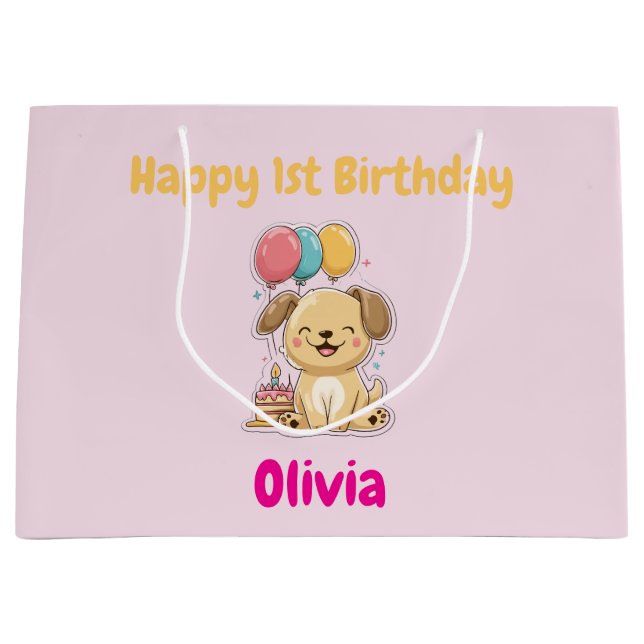 Happy 1st Birthday Gift Wrap, Custom Puppy  Large Gift Bag (Front)