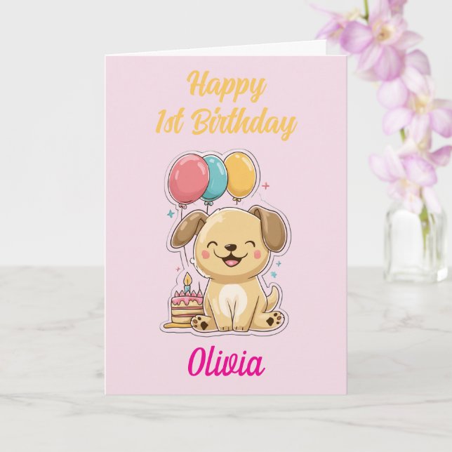 Happy 1st Birthday, Girl, Cute Puppy, Custom Card (Orchid)