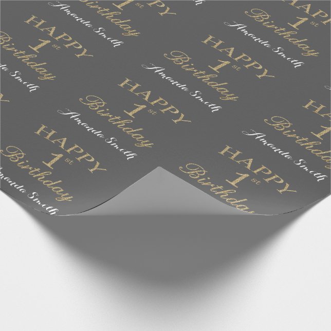 Happy 1st Birthday Gold Glitter and Gray Wrapping Paper (Corner)