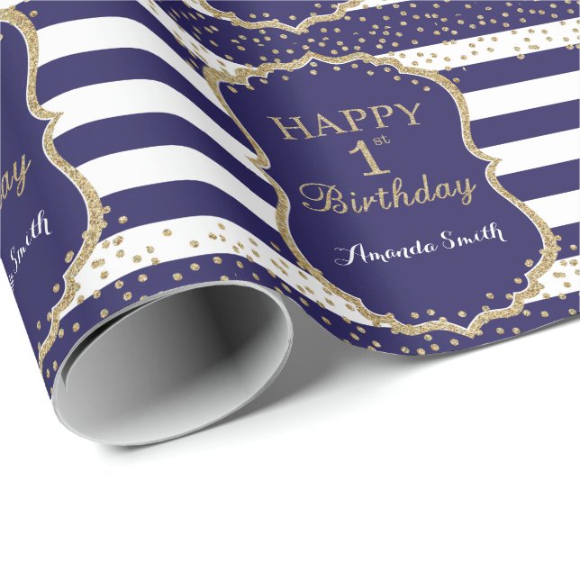 Happy 1st Birthday Gold Glitter and Navy Blue Wrapping Paper (Roll Corner)