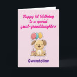 Happy 1st Birthday Great-Granddaughter, Cute Puppy Card<br><div class="desc">Happy 1st Birthday card for great-granddaughter with adorable puppy, cake and balloons. Fully customizable message inside, personalize with your great-grand-daughter's name and change text as you wish / add more. Delete inside text to write by hand. Instant download possible. Happy first birthday to a special great-granddaughter! Designed and texted by...</div>