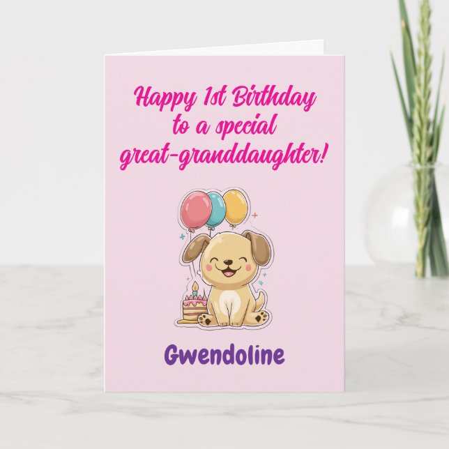 Happy 1st Birthday Great-Granddaughter, Cute Puppy Card (Front)