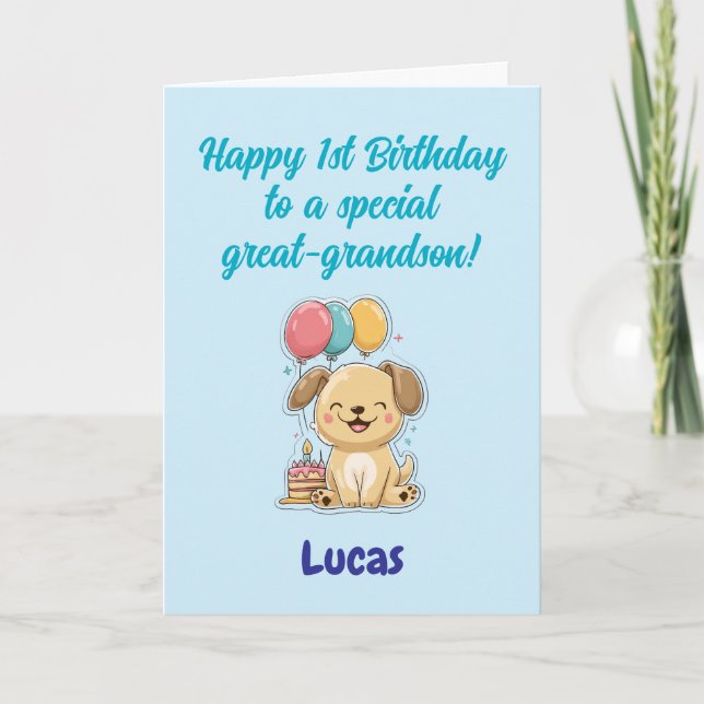 Happy 1st Birthday Great-Grandson, Puppy,  Card (Front)