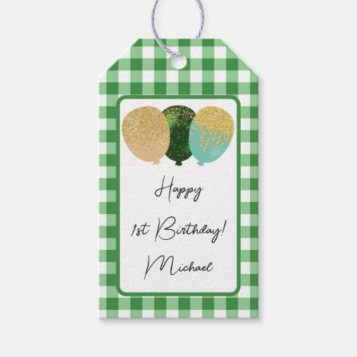 Happy 1st Birthday  Green Gingham  Balloons Gift Tags