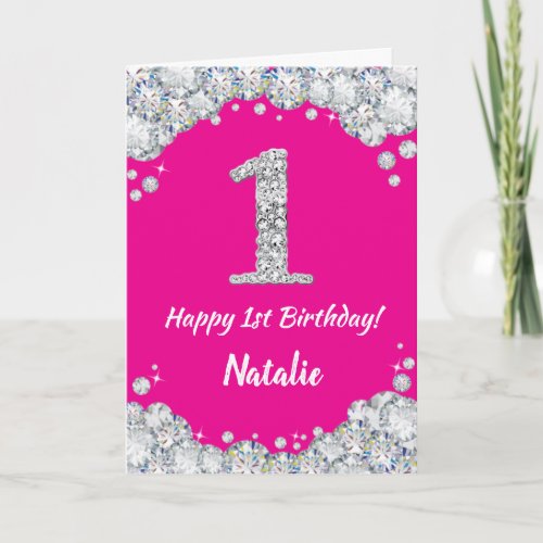 Happy 1st Birthday Hot Pink and Silver Glitter Card