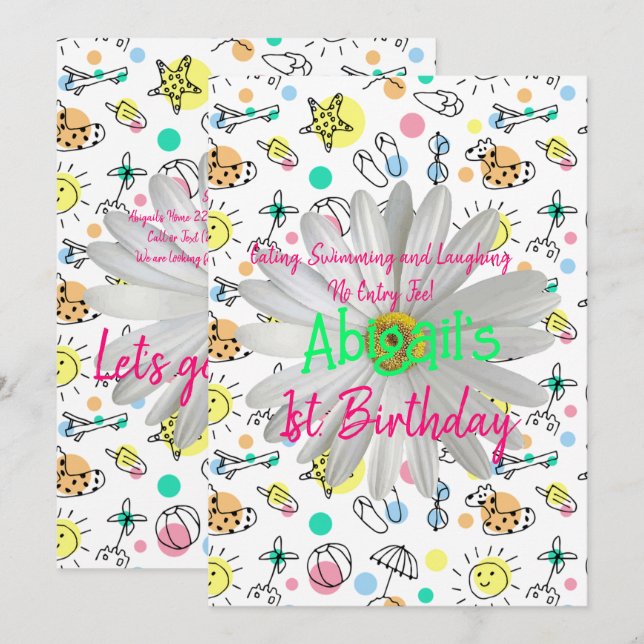 Happy 1st. Birthday Invitation Splash Swimming  (Front/Back)