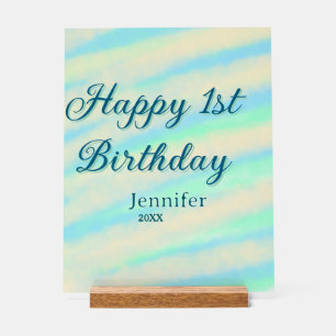 Happy 1st birthday kids baby blue green pastel ret acrylic sign
