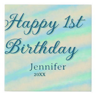 Happy 1st birthday kids baby blue green pastel ret faux canvas print