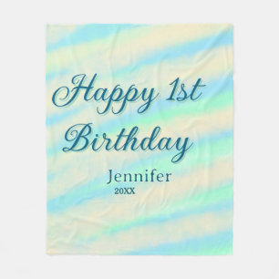 Happy 1st birthday kids baby blue green pastel ret fleece blanket