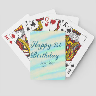 Happy 1st birthday kids baby blue green pastel ret poker cards