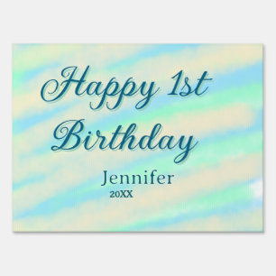 Happy 1st birthday kids baby blue green pastel ret sign