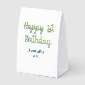 Happy 1st birthday kids baby green blue pastel tre paper table tent