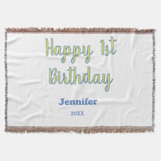 Happy 1st birthday kids baby green blue pastel tre throw blanket