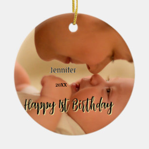Happy 1st birthday kids baby mother black yellow ceramic ornament