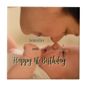 Happy 1st birthday kids baby mother black yellow  ceramic tile