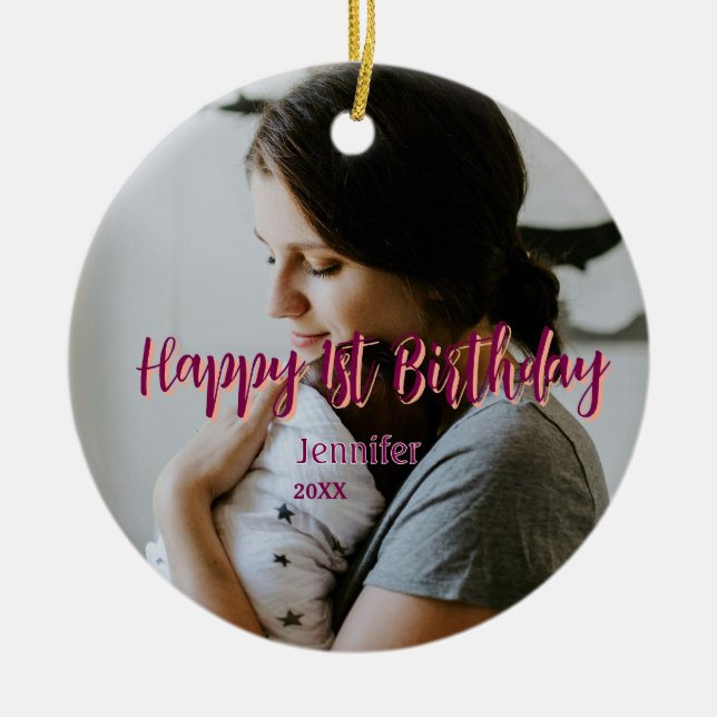 Happy 1st birthday kids baby mother red orange sty ceramic ornament (Front)