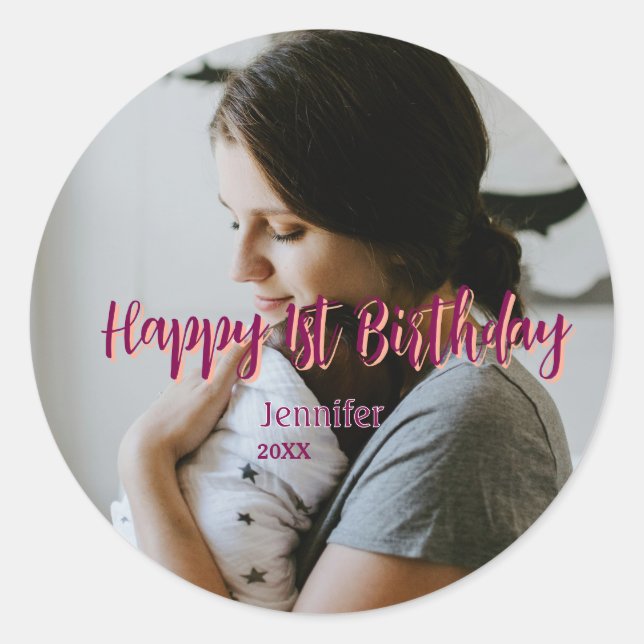 Happy 1st birthday kids baby mother red orange sty classic round sticker (Front)
