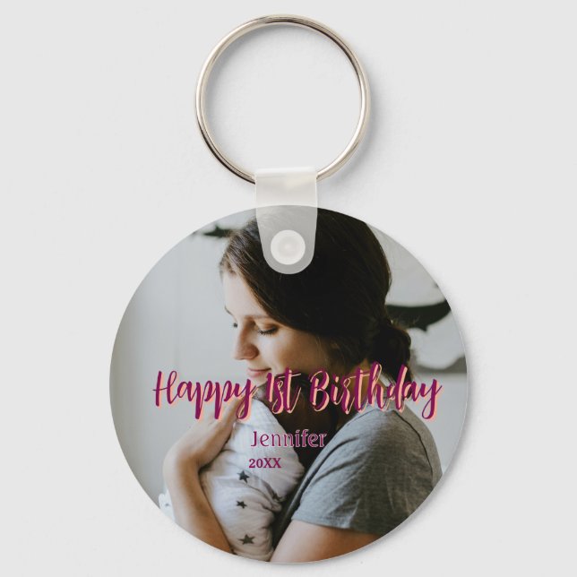 Happy 1st birthday kids baby mother red orange sty keychain (Front)