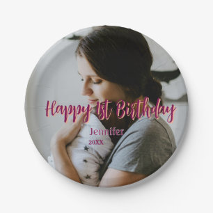Happy 1st birthday kids baby mother red orange sty paper plates