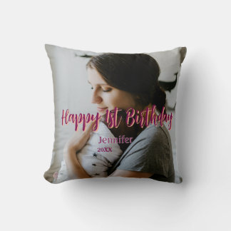 Happy 1st birthday kids baby mother red orange sty throw pillow