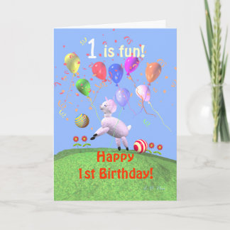 Happy 1st Birthday Lamb and Balloons Card