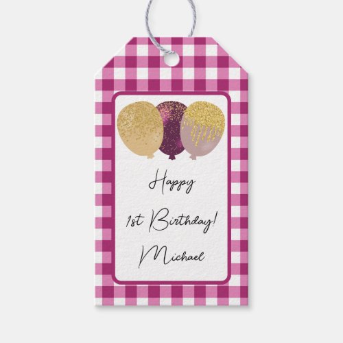 Happy 1st Birthday  Magenta Gingham  Balloons Gift Tags