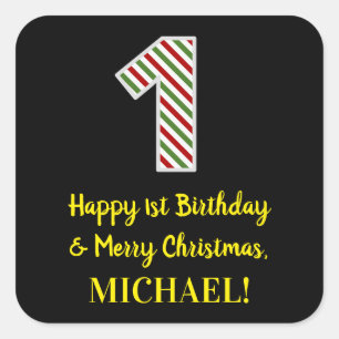 Happy 1st Birthday & Merry Christmas, Custom Name Square Sticker