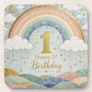 Happy 1st Birthday Mosaic Rainbow Cloud Design Beverage Coaster
