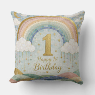 Happy 1st Birthday Mosaic Rainbow Cloud Design Throw Pillow