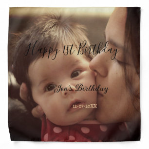 Happy 1st birthday name photo date stylish calligr bandana