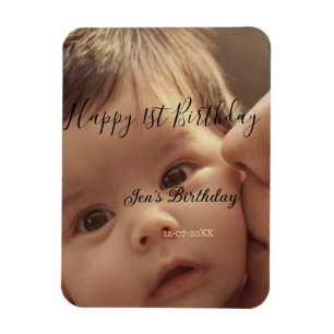 Happy 1st birthday name photo date stylish calligr magnet