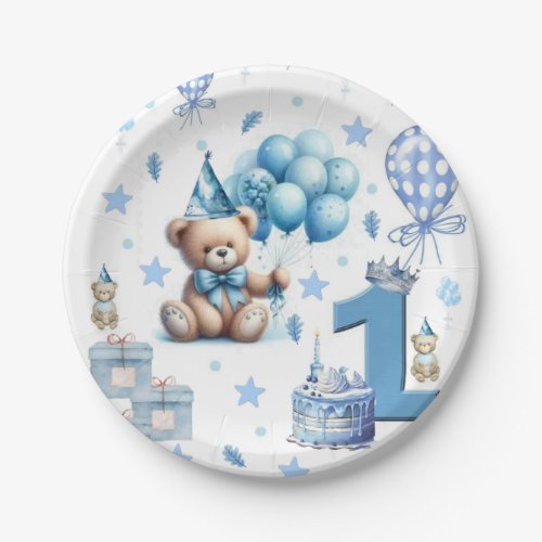 Happy 1st. Birthday Paper Plates Teddy Bear Blue