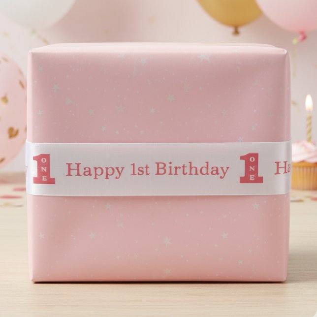 Happy 1st Birthday Party Girls Pink One Satin Ribbon (Happy 1st Birthday Party Girls Pink One Satin Ribbon
)