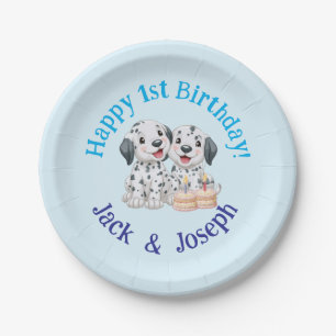 Happy 1st Birthday Party Twin Boys, Cute Puppies   Paper Plates